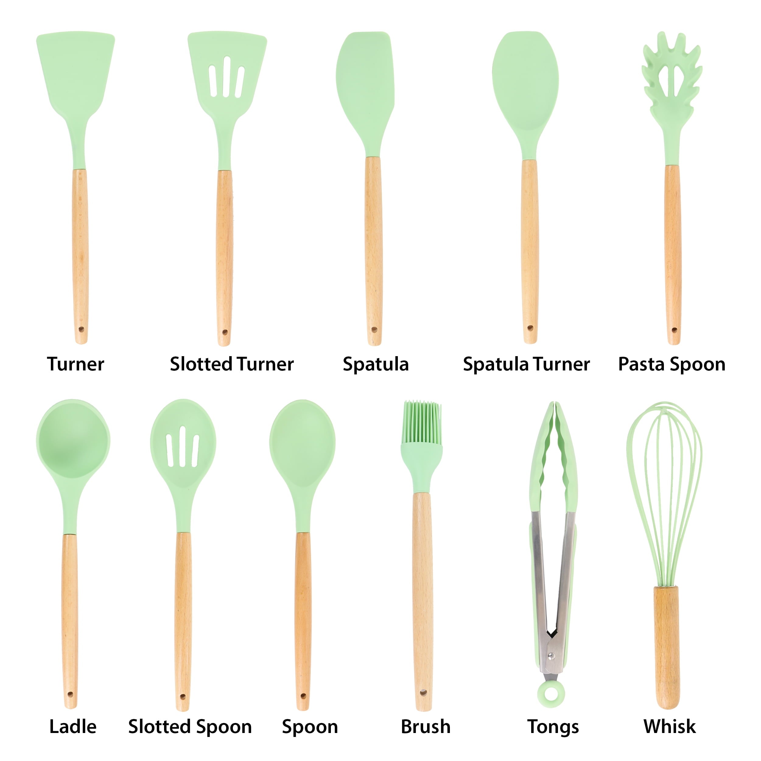Mint Green 12 Piece Silicone and Wood Cooking Utensils - Image 2