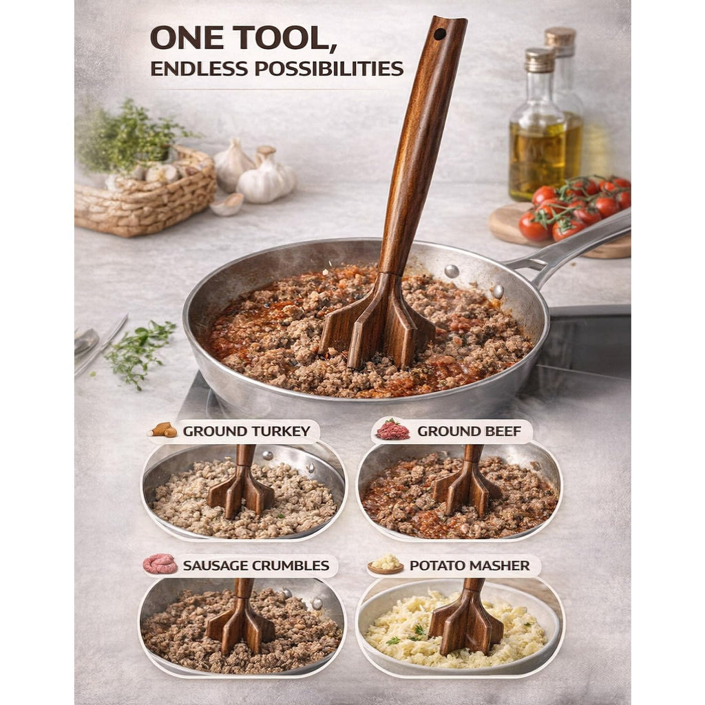 Wooden Meat Chopper for Ground Beef – Heavy Duty Turkey & Hamburger Smasher, Ergonomic Manual Food Masher for Nonstic... - Image 2