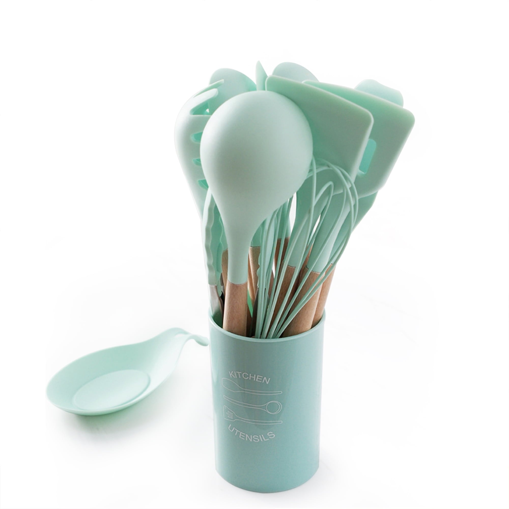 Kitchen Utensils Set-Cooking Utensils Set with Wooden Handle, Set of 13-Non-Stick Slicone Utensils, Green - Image 3