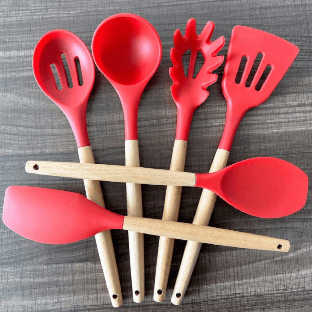 Kitchen Cooking Utensils Set 6Pcs Heat Resistant Silicone Kitchen Utensils Spatula Spoon Turner Ladle w Wooden Handle... - Image 3
