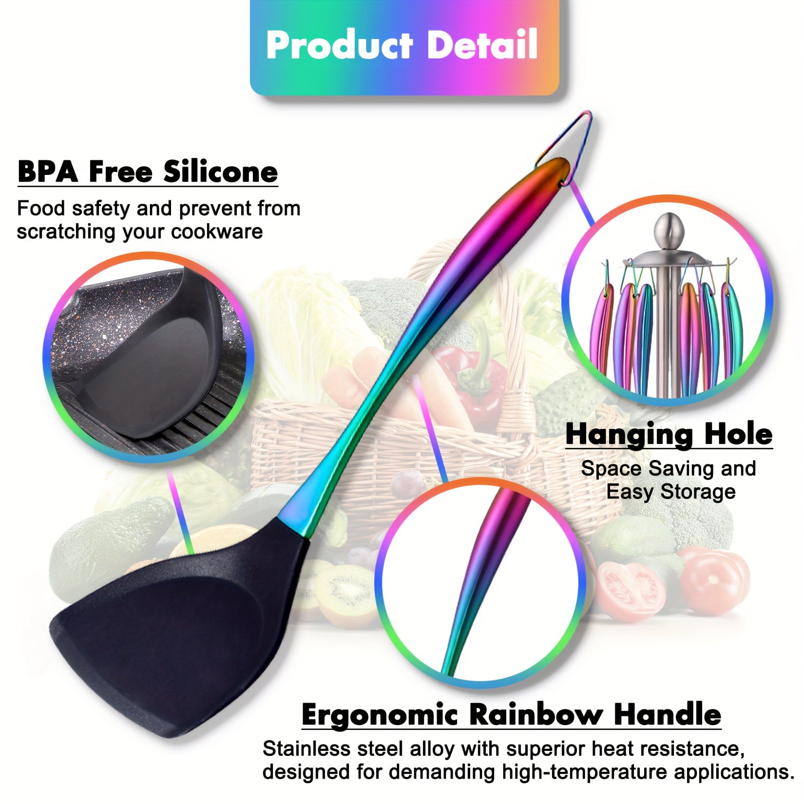 17-Piece Titanium Rainbow Silicone Kitchen Utensils Set with Holder, Heat-Resistant Non-Stick Tools with Stainless St... - Image 4