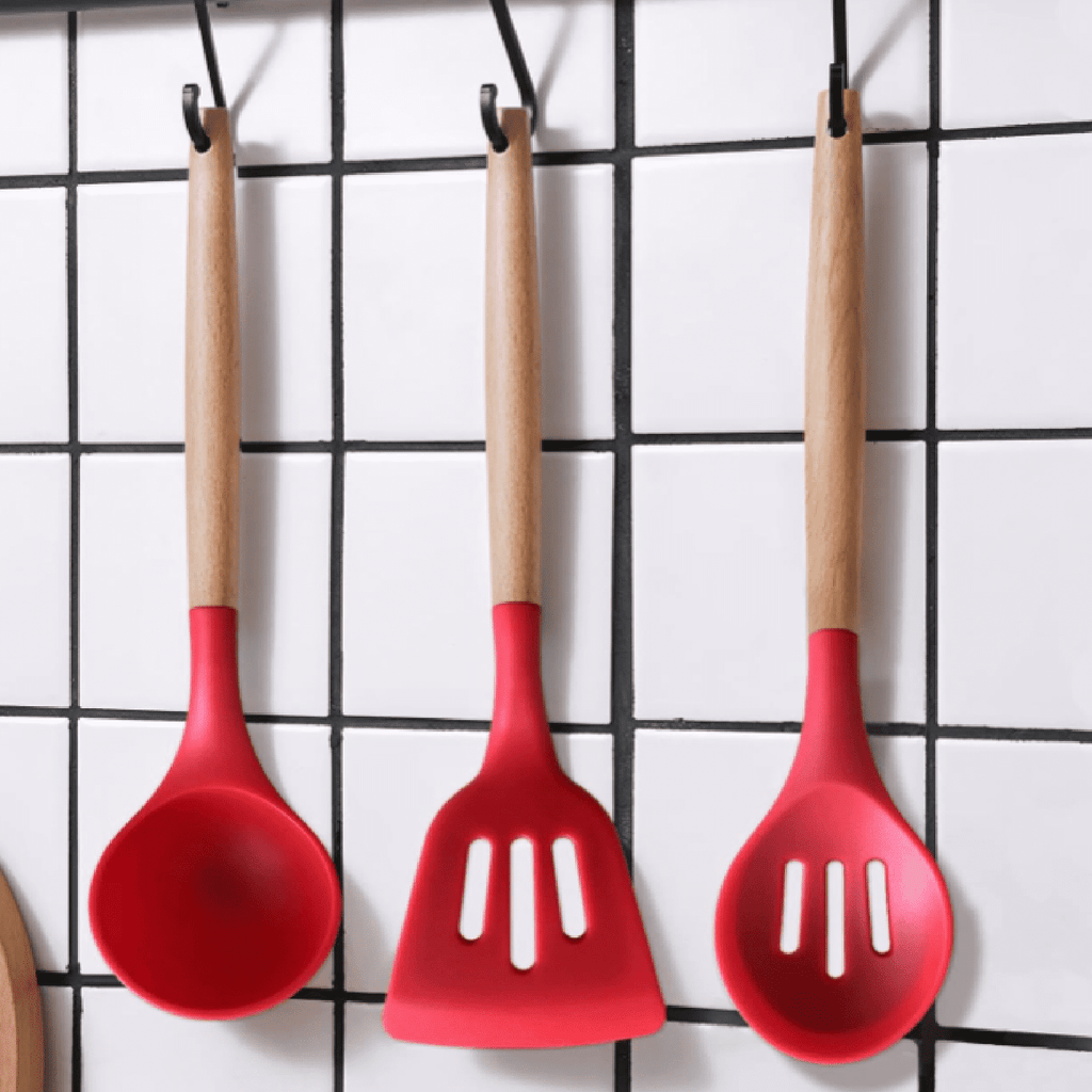 Kitchen Cooking Utensils Set 6Pcs Heat Resistant Silicone Kitchen Utensils Spatula Spoon Turner Ladle w Wooden Handle... - Image 2