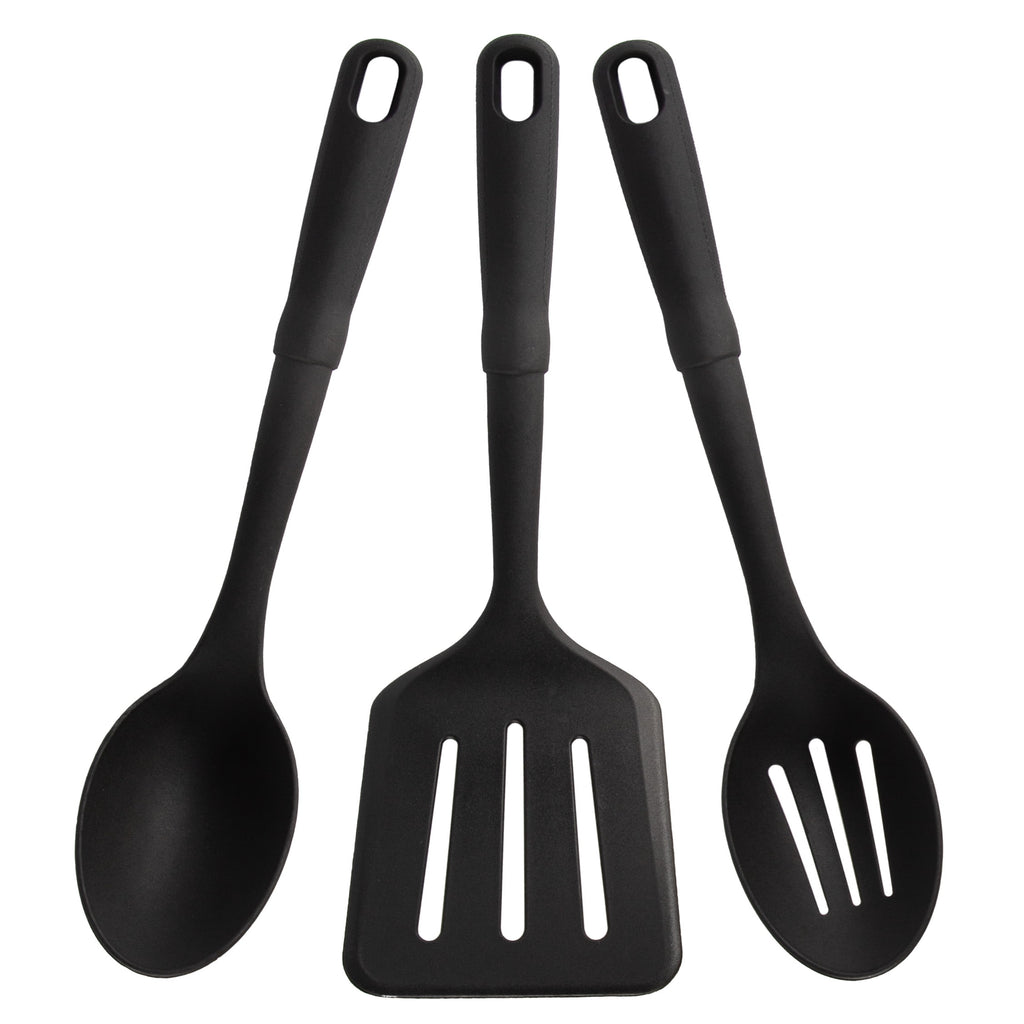 (4 pack) 3-Piece Kitchen Utensil Set, Slotted Spatula, Slotted Spoon and Solid Spoon, Black, Nylon - Image 2