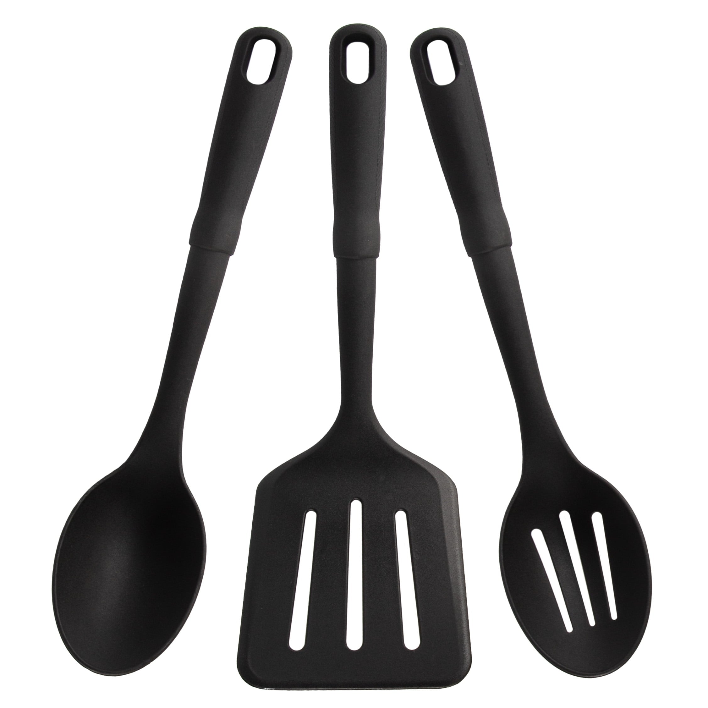 (4 pack) 3-Piece Kitchen Utensil Set, Slotted Spatula, Slotted Spoon and Solid Spoon, Black, Nylon - Image 2
