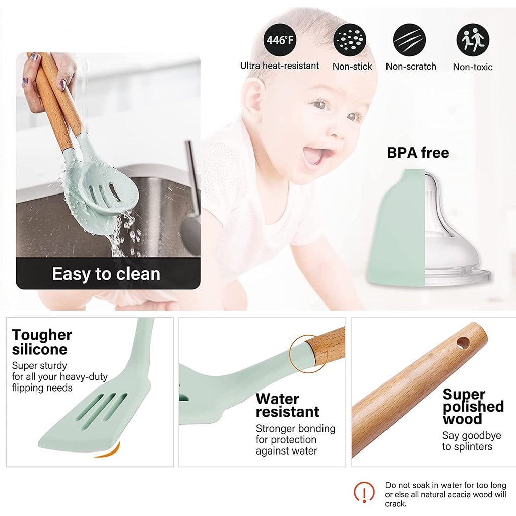 Silicone Cooking Utensils Set, 446°F Heat Resistant Wooden Handle Cooking Kitchen Utensils Spatula Set with Holder fo... - Image 4