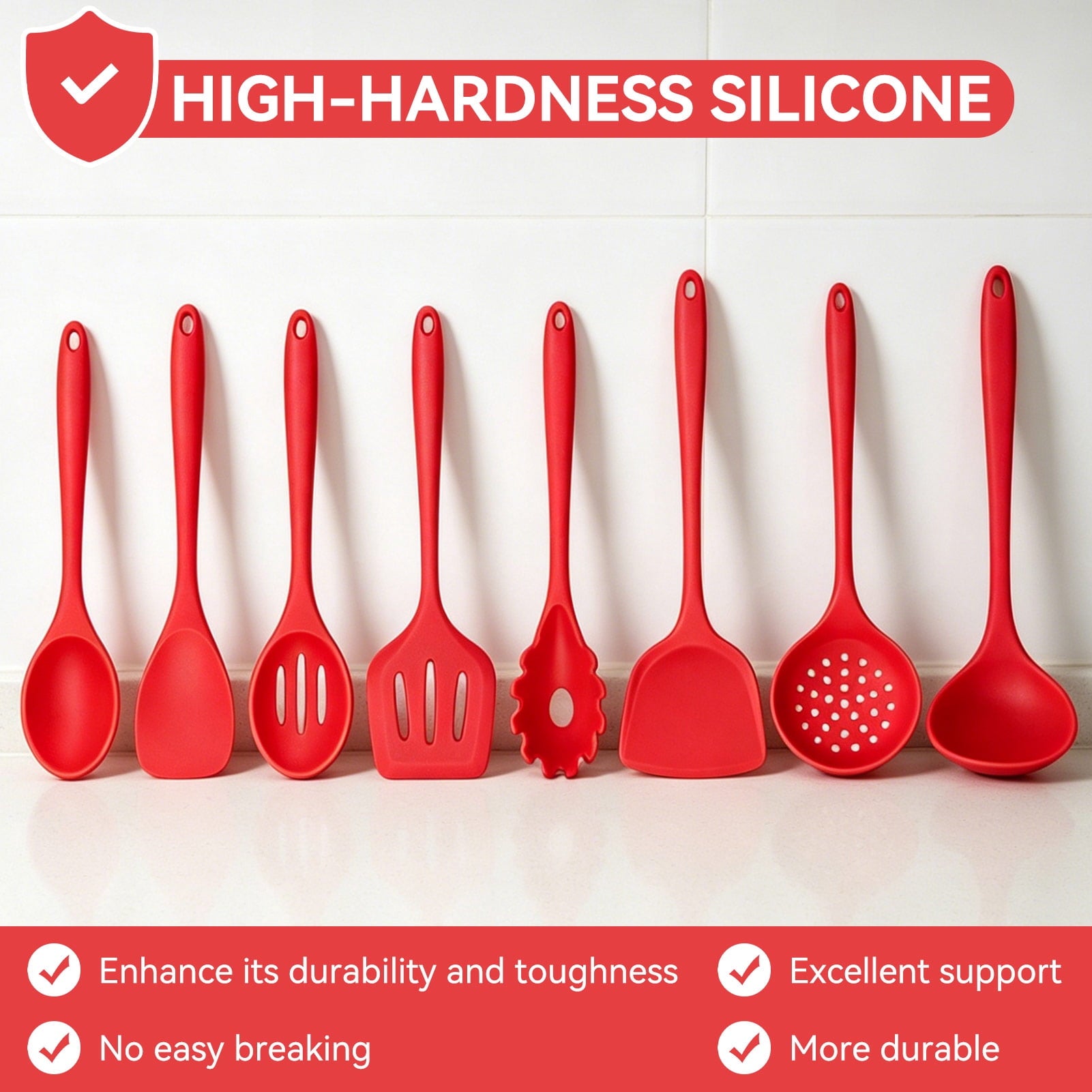 8 Piece Silicone Cooking Utensils Set, Red Kitchen Utensils with Spatula,Turner, Slotted Spoon, Pasta Server, Soup La... - Image 2