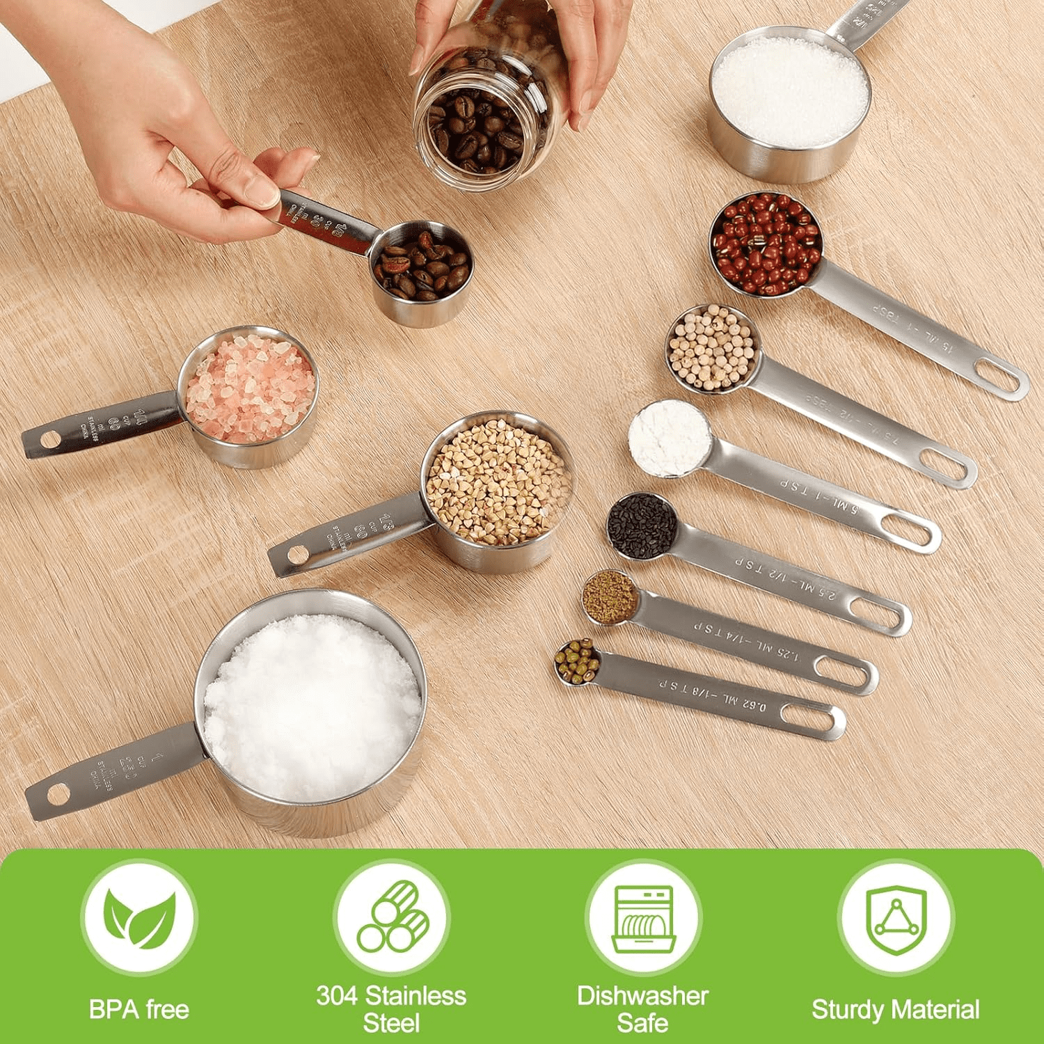 Measuring Cups and Spoons Set of 16, 5 Stainless Steel Nesting Measuring Cups & 5 Spoons, 1 + Leveler & 5 Mini Measuring Spoons for Cooking - Image 5