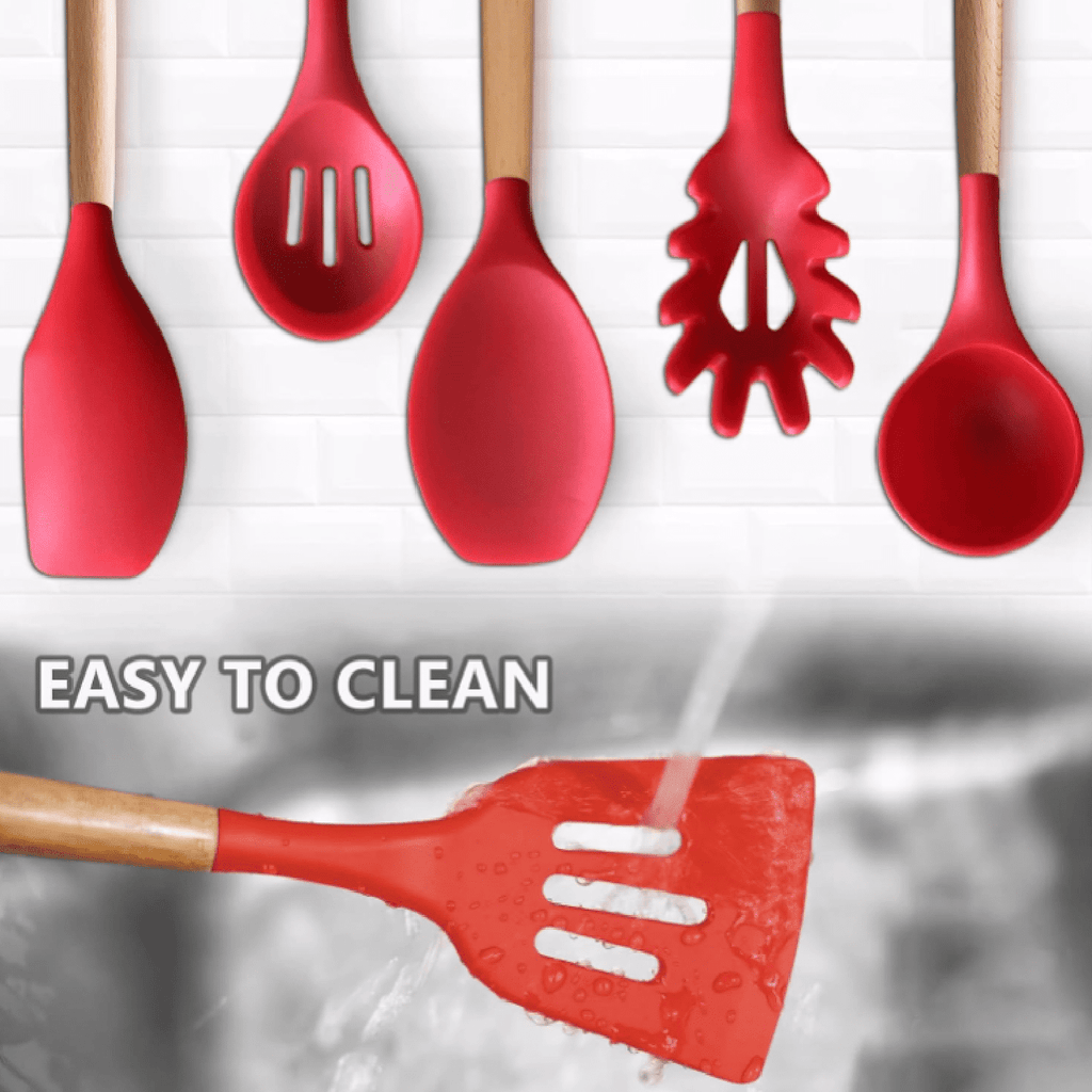 Kitchen Cooking Utensils Set 6Pcs Heat Resistant Silicone Kitchen Utensils Spatula Spoon Turner Ladle w Wooden Handle... - Image 4