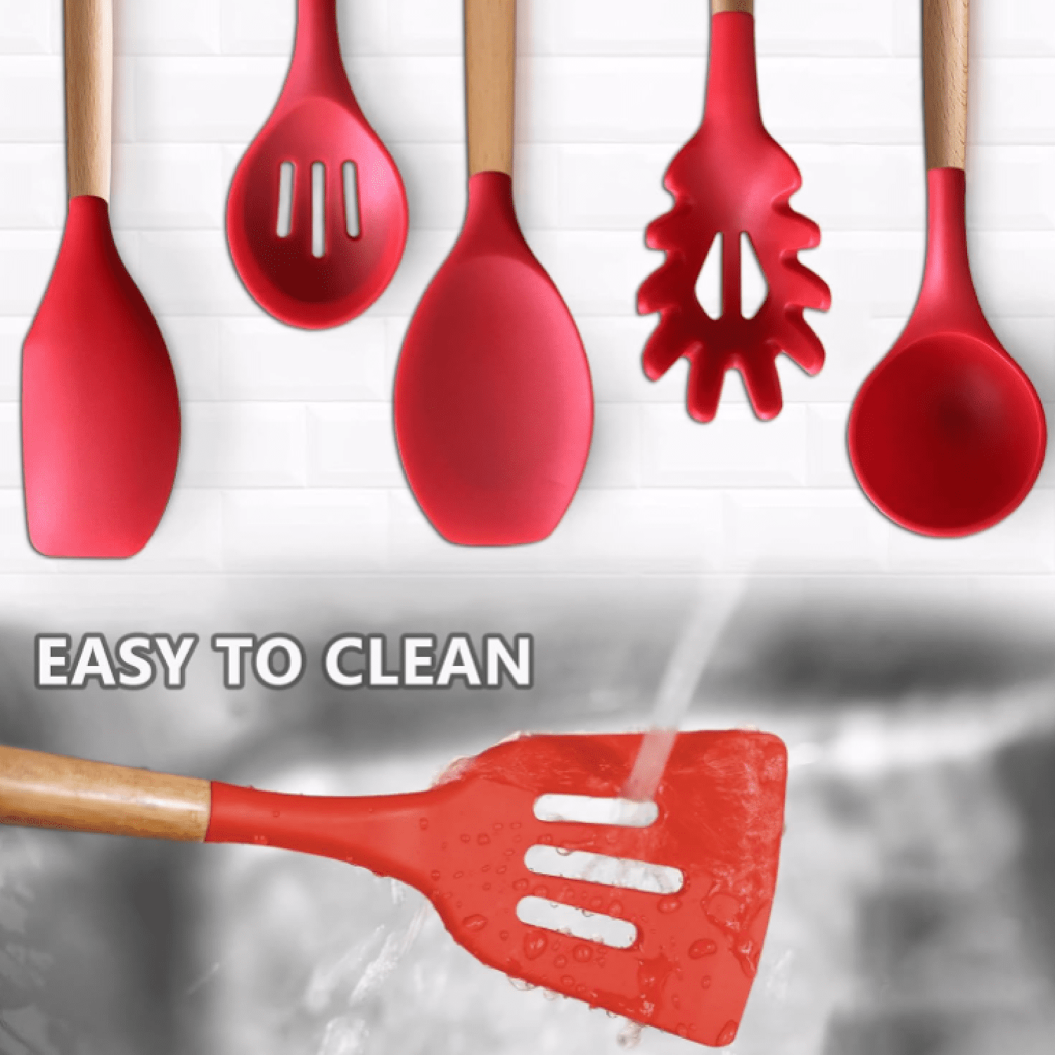 Kitchen Cooking Utensils Set 6Pcs Heat Resistant Silicone Kitchen Utensils Spatula Spoon Turner Ladle w Wooden Handle... - Image 4