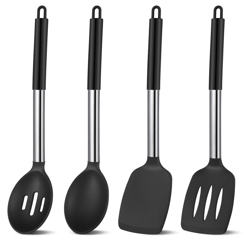 4-Pack Silicone Cooking Utensils Set - Heat Resistant Non-Stick Kitchen Spatula & Spoon Set, Large Soup Ladle, Slotte...