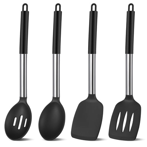 4-Pack Silicone Cooking Utensils Set - Heat Resistant Non-Stick Kitchen Spatula & Spoon Set, Large Soup Ladle, Slotte...